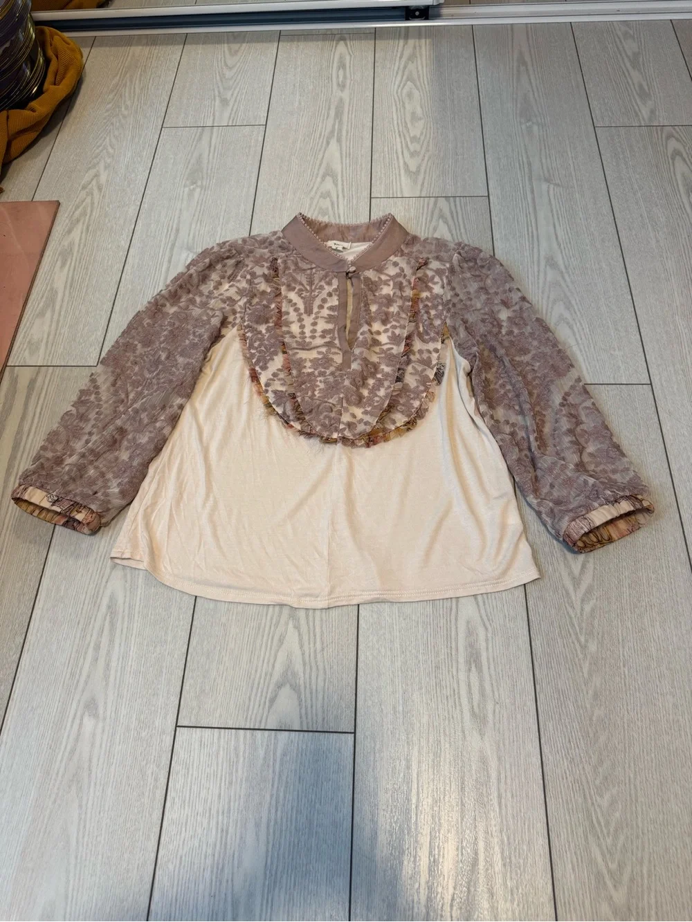 Anthropologie Tiny high neck pink floral embroidered ruffle blouse cream small - Picture 2 of 9